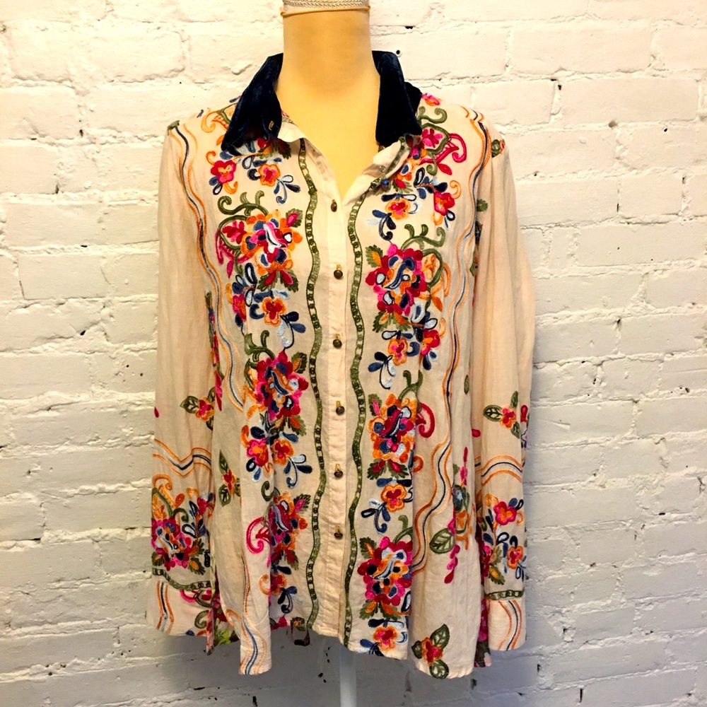 Aratta Silent Journey embroidered tunic top blue velvet collar size L